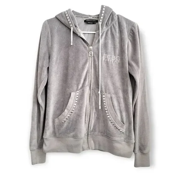 BCBG MaxAzria Velour Gray Zip Up Studded Hoodie Y2K Size MEDIUM - Picture 1 of 8